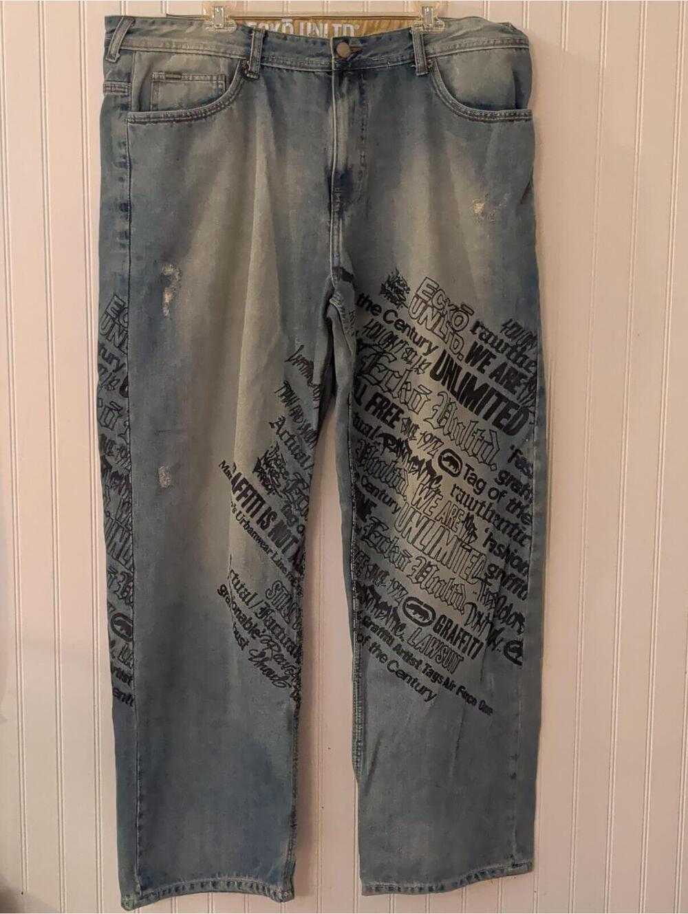 Ecko Unlimited Distressed Jeans Graffiti Print Sz 40" Baggie Y2K Streetwear
